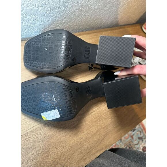 Gianni Bini GB Black Chunky Ankle Strap Open Square Toe Patent Block Heels Size8 - Picture 6 of 8